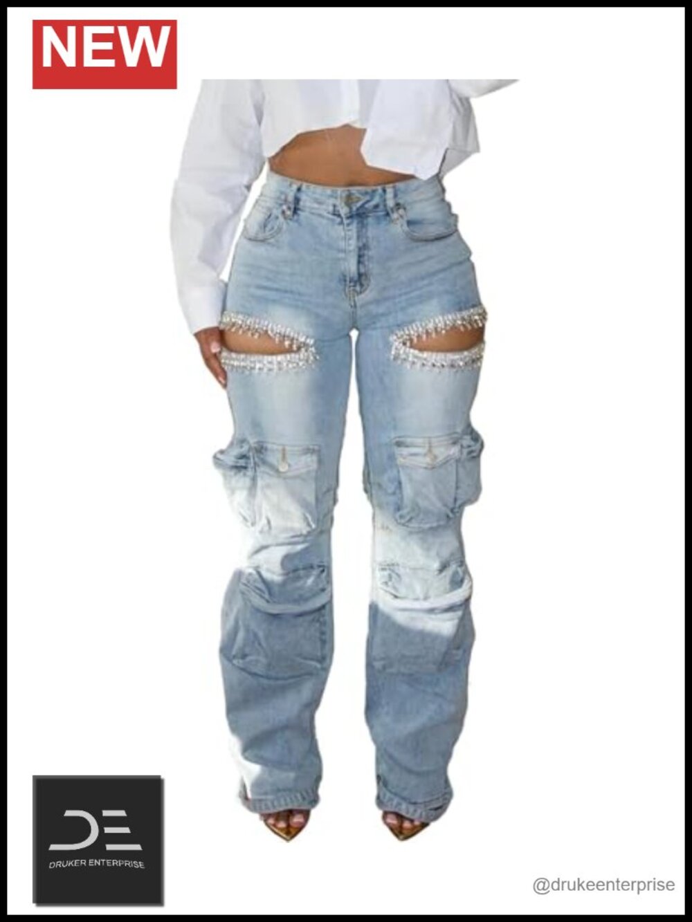 Womens Rhinestone Cargo Jeans Ripped Cut Out Sparkly Sexy Denim Pants